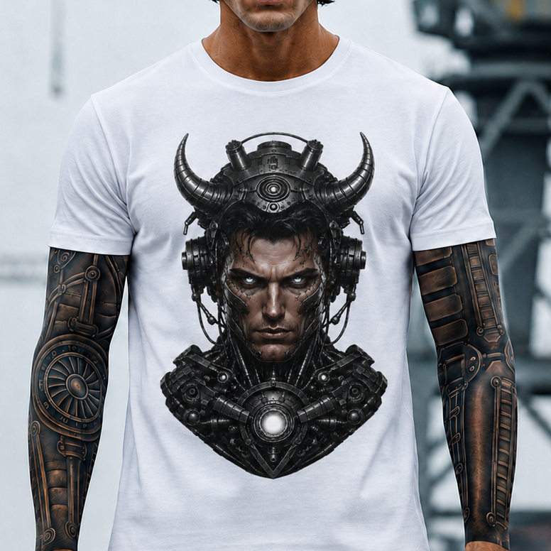 Cyber Samurai T‑Shirt — Futuristic Samurai Helmet Portrait Tee