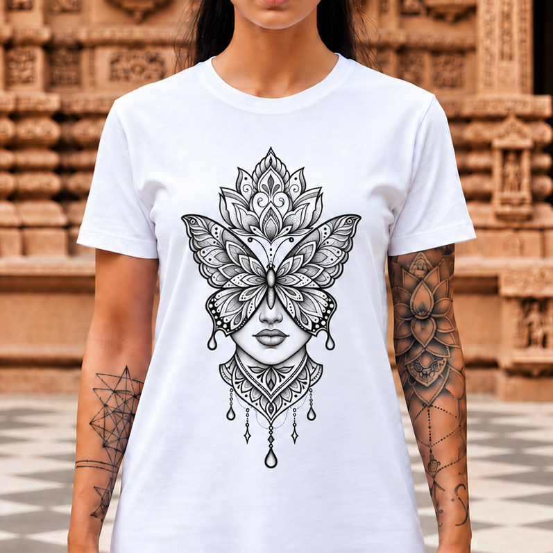 Butterfly Mandala Face Tee — Boho Spiritual Graphic T-Shirt