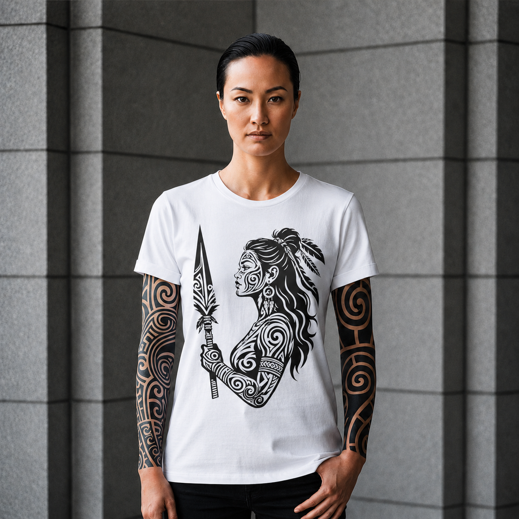 Maori Warrior Tattoo Tee — Tribal Spear Profile Graphic T-Shirt