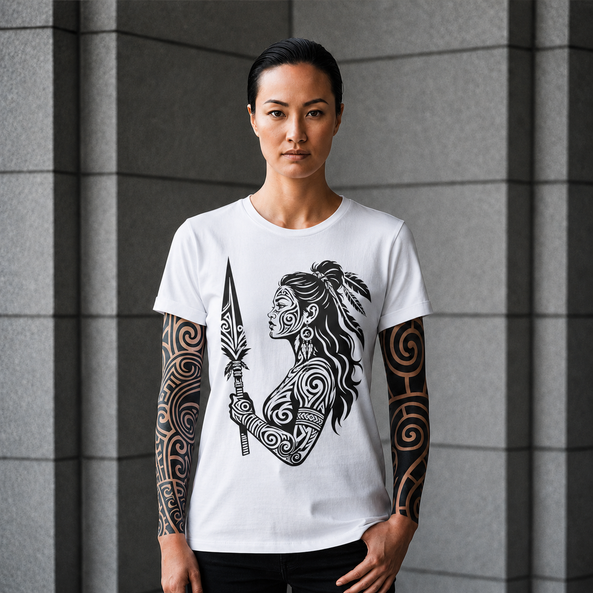 Maori Warrior Tattoo Tee — Tribal Spear Profile Graphic T-Shirt
