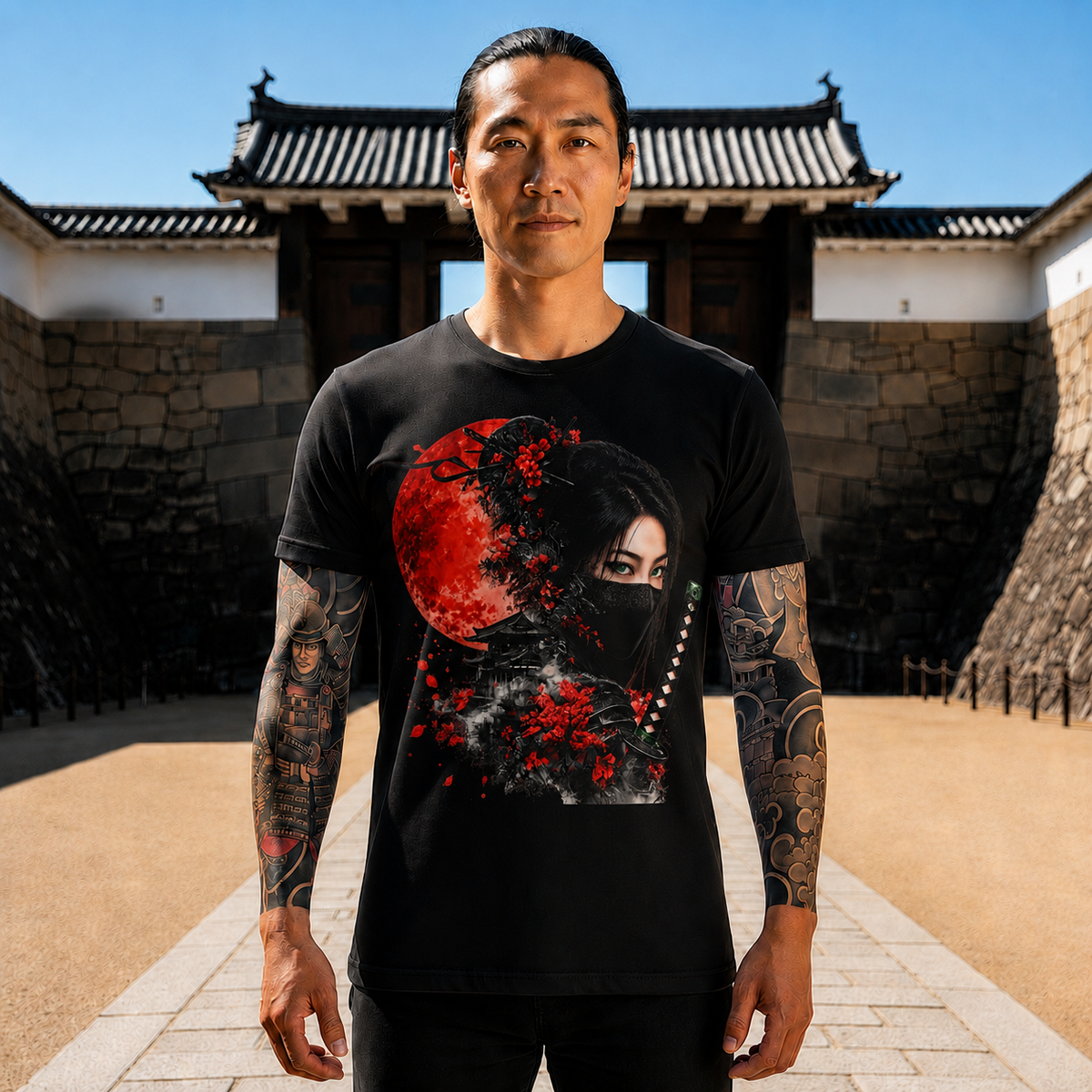 Samurai Moon T-Shirt — Masked Female Warrior with Red Moon and Katana