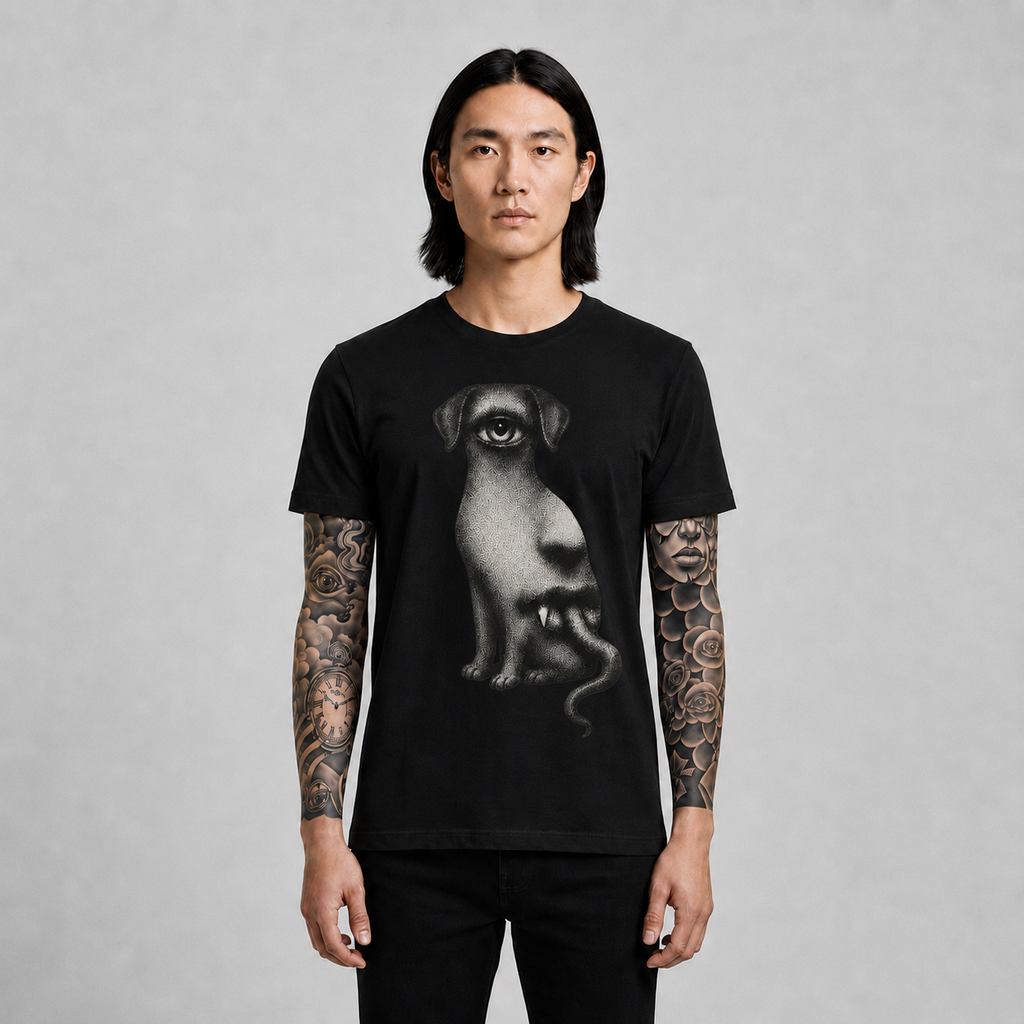 Surreal One‑Eyed Dog Graphic Tee — Monochrome Psychedelic Art T‑Shirt