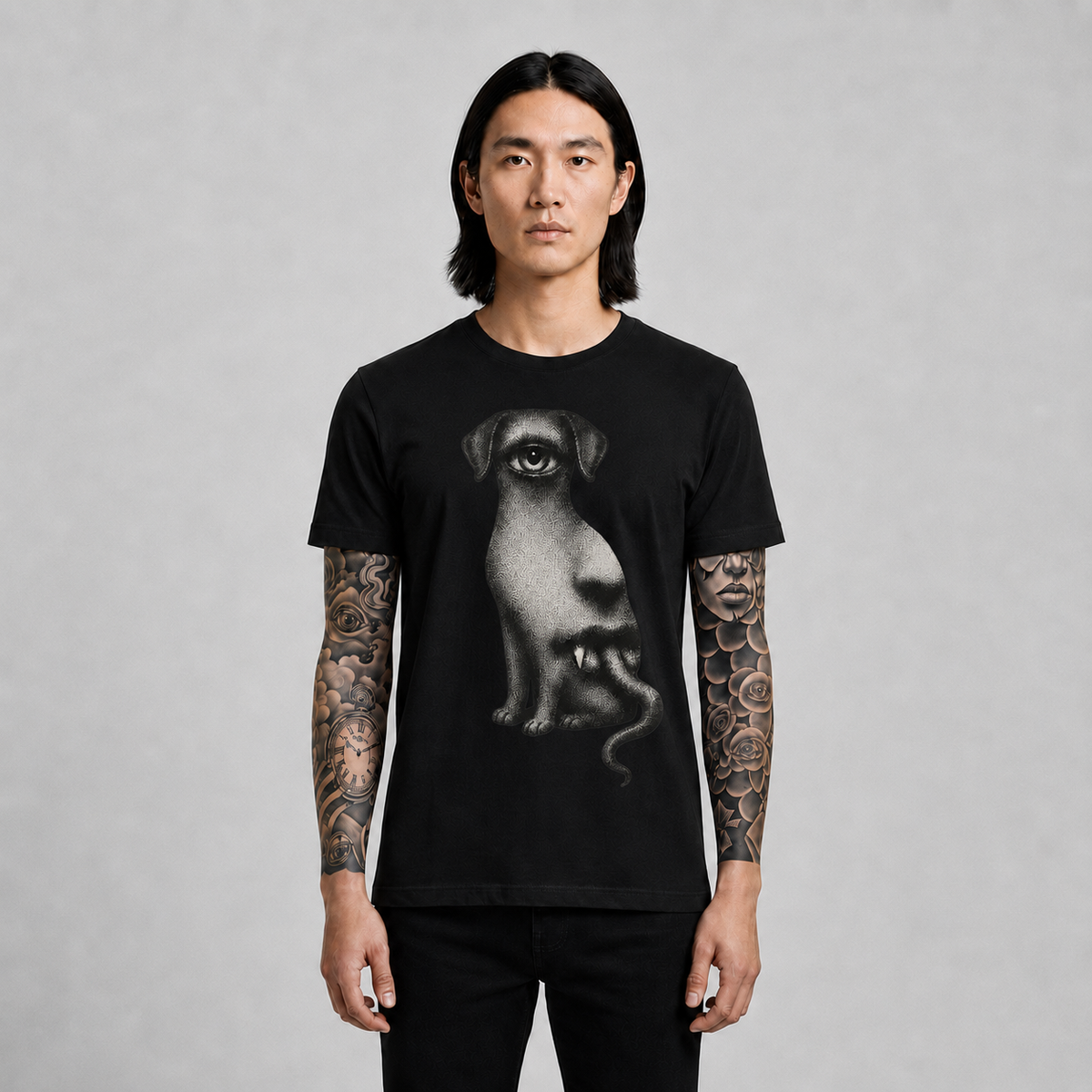Surreal One‑Eyed Dog Graphic Tee — Monochrome Psychedelic Art T‑Shirt