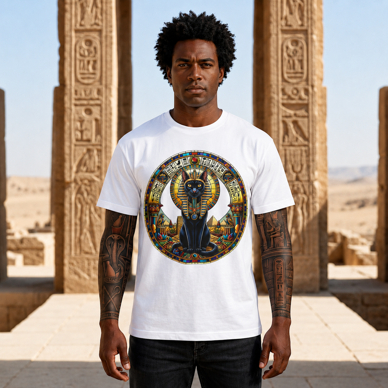 Egyptian Cat Pharaoh T-Shirt — Vintage Hieroglyphic Pyramids Graphic Tee