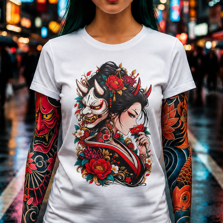 Geisha & Hannya Mask Floral T-Shirt