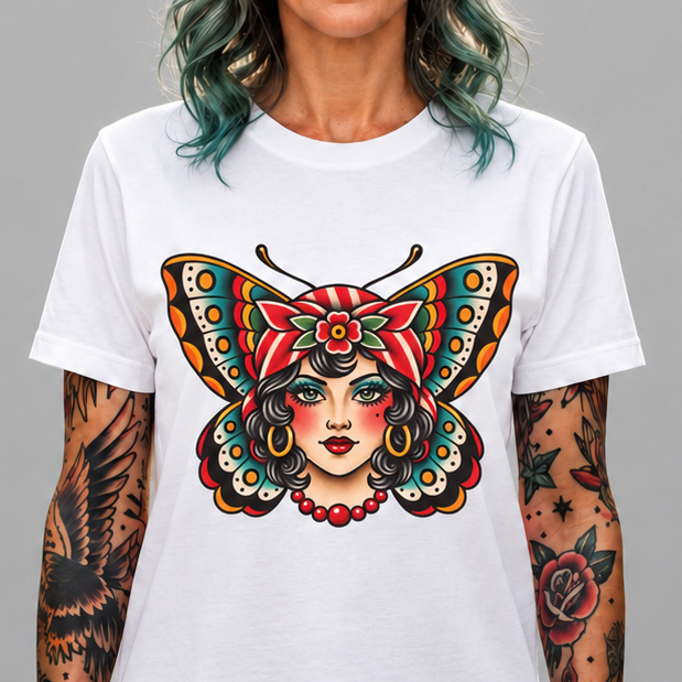 Butterfly Lady Tee — Vintage Tattoo Style Women's Face Graphic T-Shirt