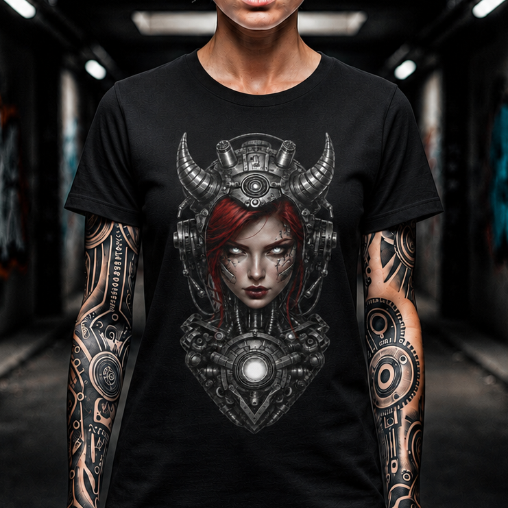 Valkyrie Cyberpunk Tee — Horned Helmet Sci‑Fi Warrior Graphic T‑Shirt