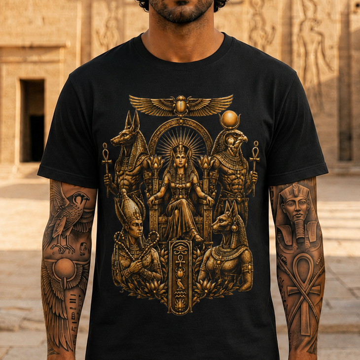 Egyptian Deity Throne Tee – Gold Anubis & Isis Mythology T-Shirt