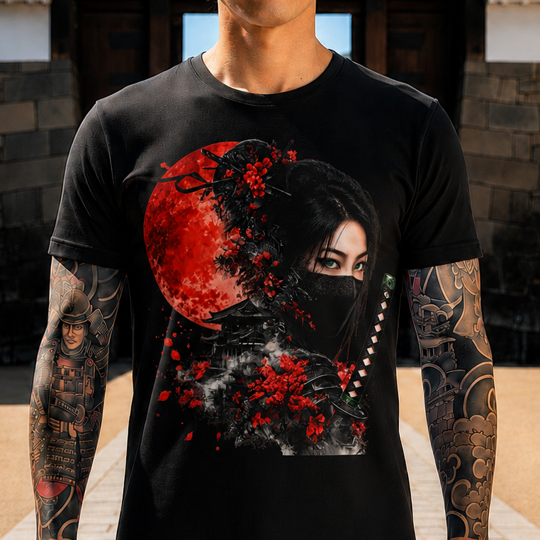 Samurai Moon T-Shirt — Masked Female Warrior with Red Moon and Katana