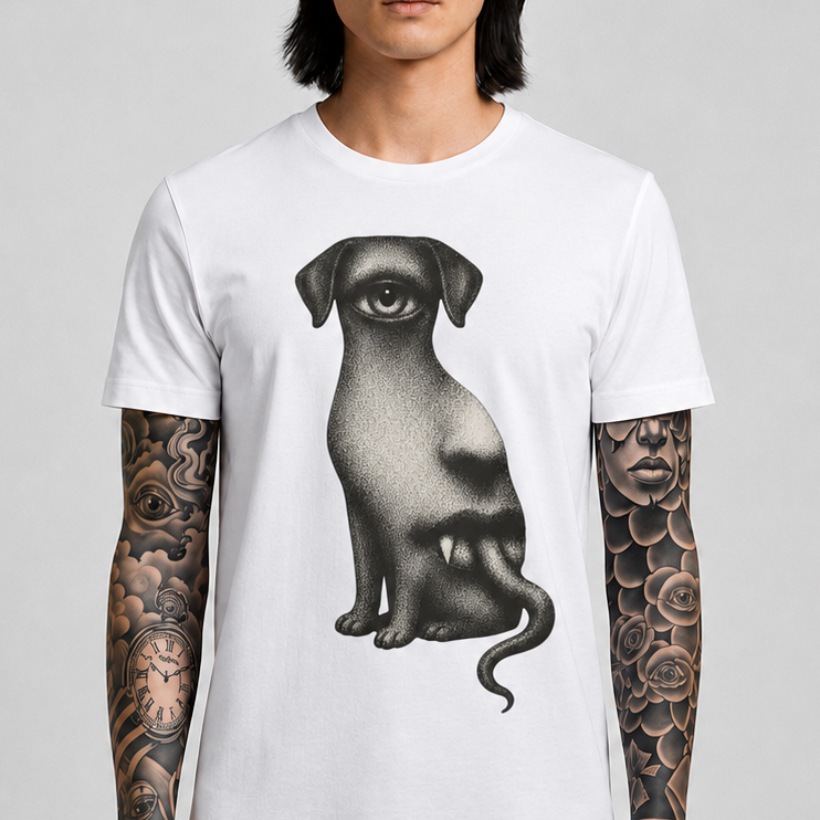 Surreal One‑Eyed Dog Graphic Tee — Monochrome Psychedelic Art T‑Shirt