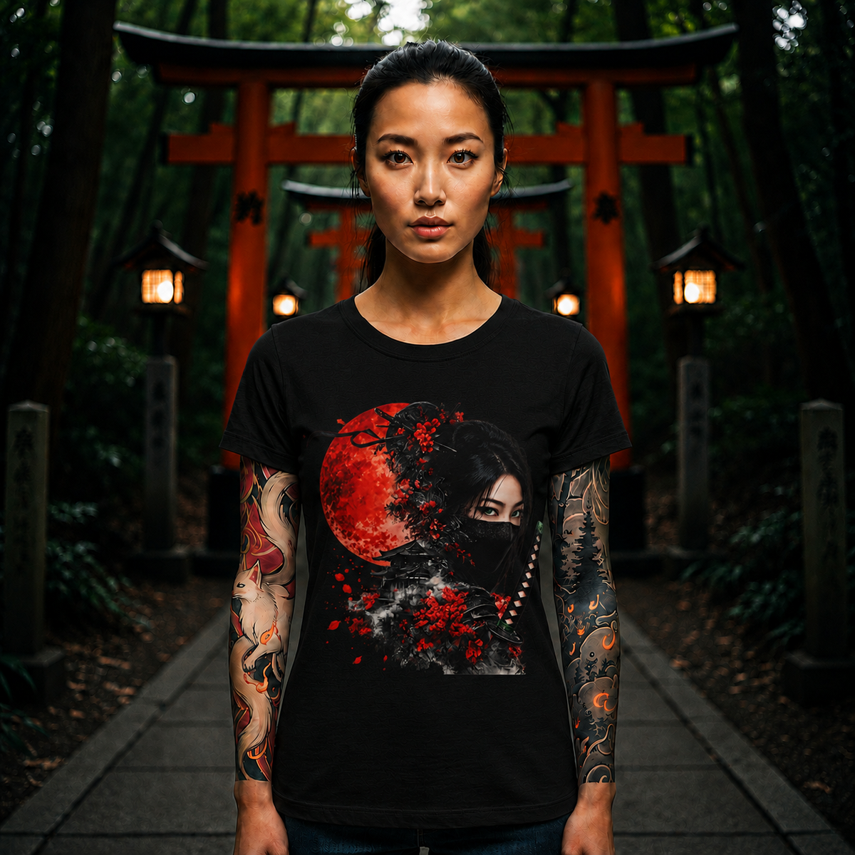 Ninja Warrior Tee — Red Moon Samurai Mask T-Shirt