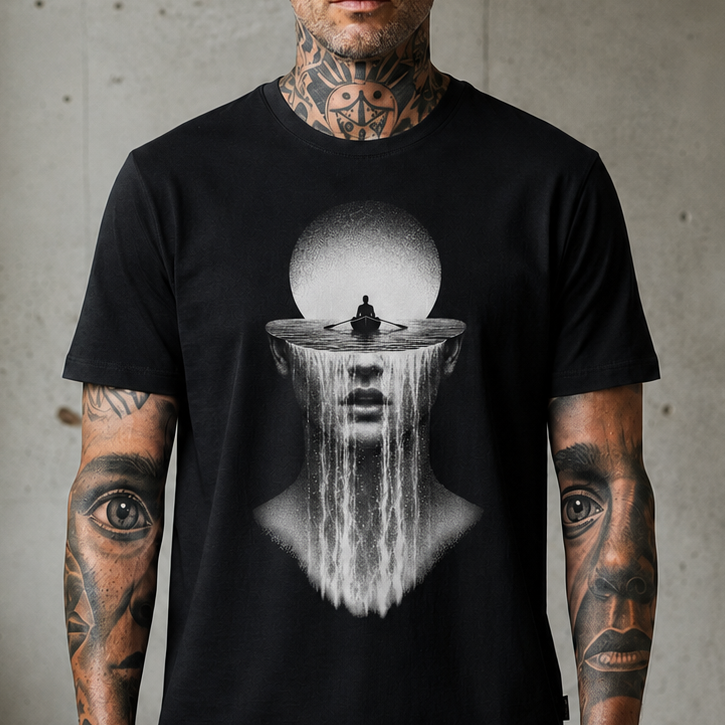 Surreal Riverhead Tee — Mindscape Boat & Waterfall Art T-Shirt