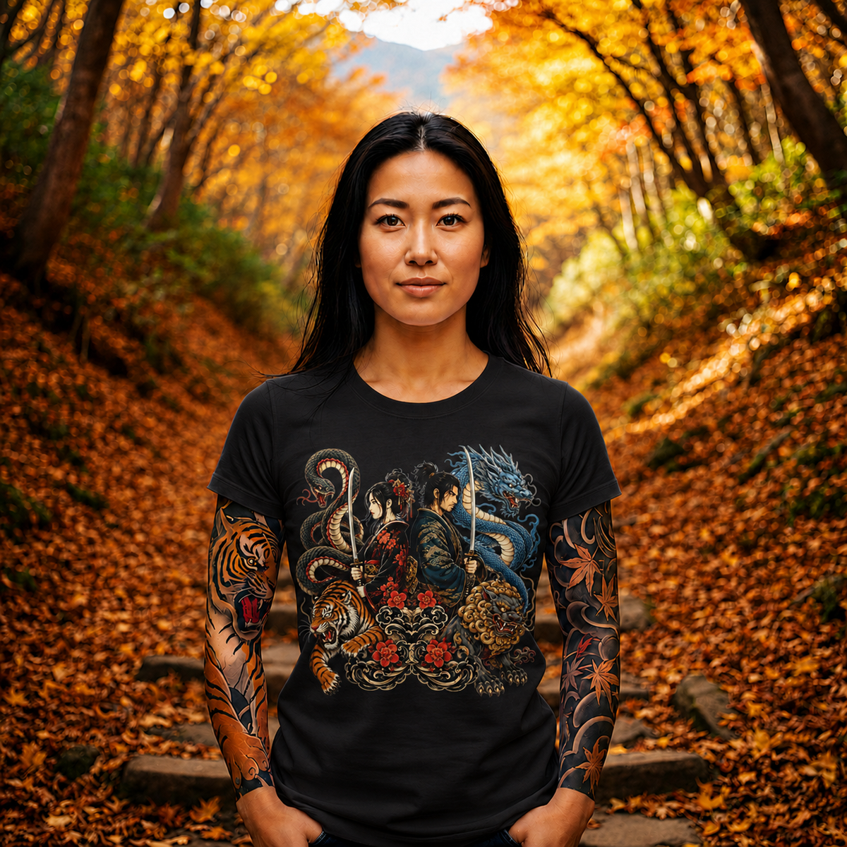 Samurai & Mythical Beasts Tee — Dragon, Tiger & Snake Japanese Tattoo Style Shirt