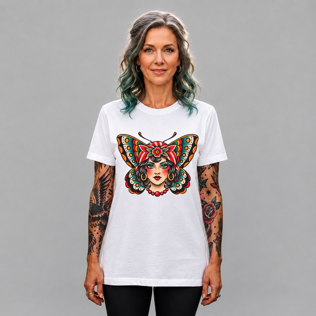 Butterfly Lady Tee — Vintage Tattoo Style Women's Face Graphic T-Shirt