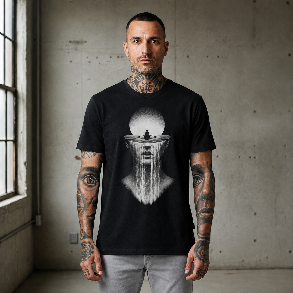 Surreal Riverhead Tee — Mindscape Boat & Waterfall Art T-Shirt