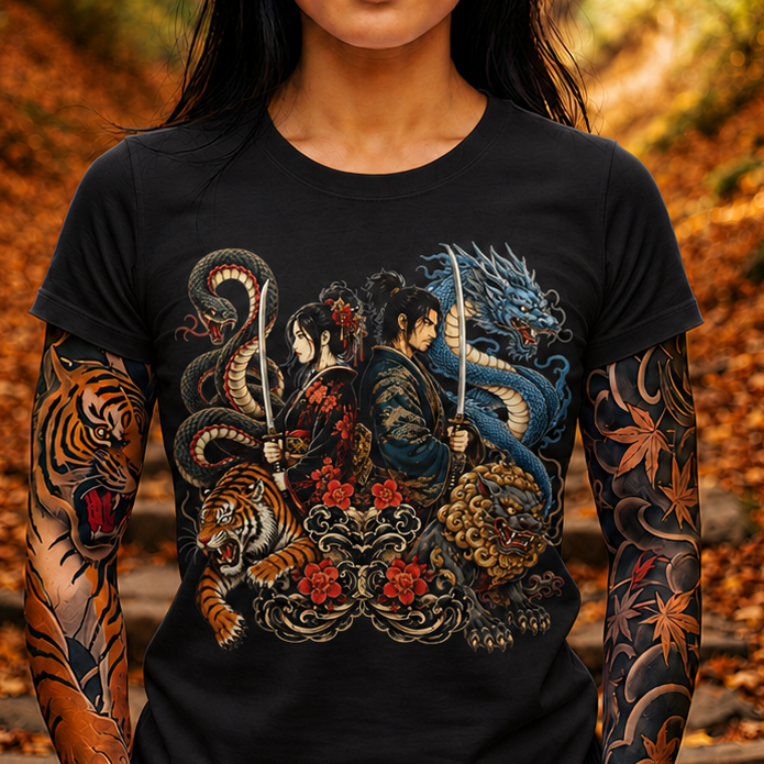 Samurai & Mythical Beasts Tee — Dragon, Tiger & Snake Japanese Tattoo Style Shirt