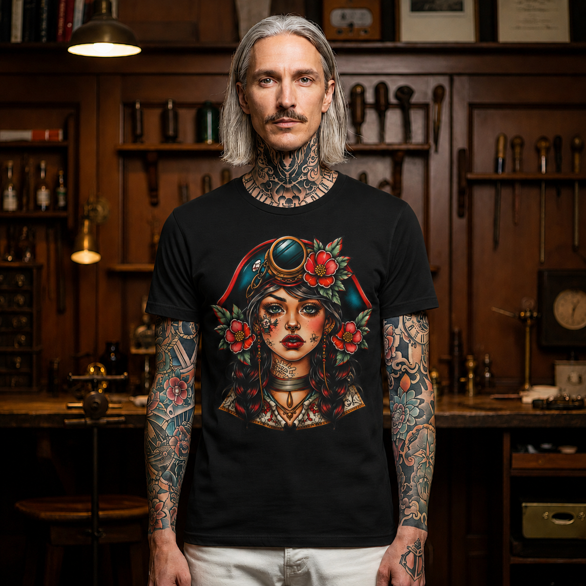 Vintage Pirate Rose Tee — Floral Pirate Woman Graphic T-Shirt