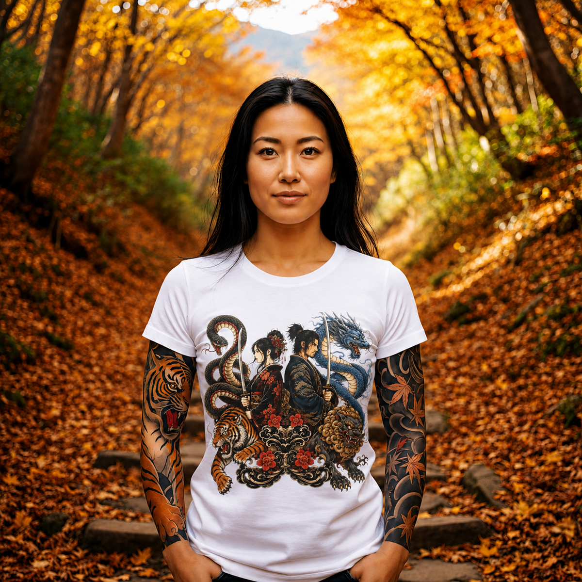Samurai & Mythical Beasts Tee — Dragon, Tiger & Snake Japanese Tattoo Style Shirt