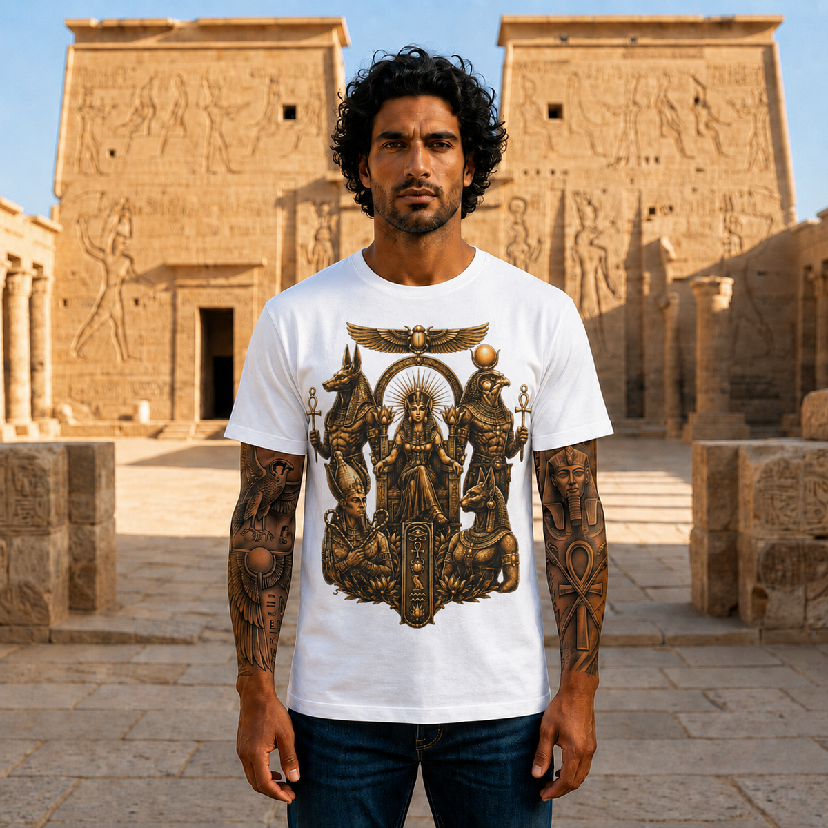 Egyptian Deity Throne Tee – Gold Anubis & Isis Mythology T-Shirt