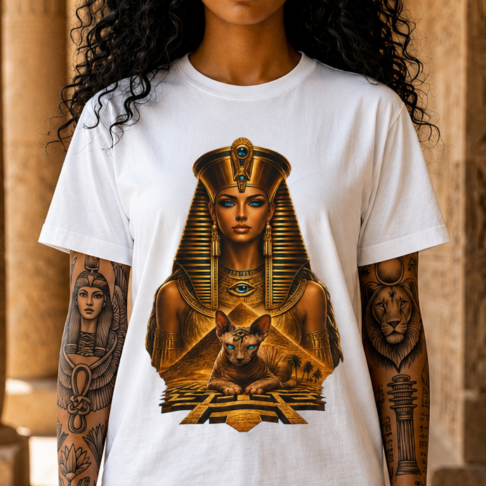 Pharaoh Goddess Graphic Tee — Egyptian Queen & Cat Vintage Illustration