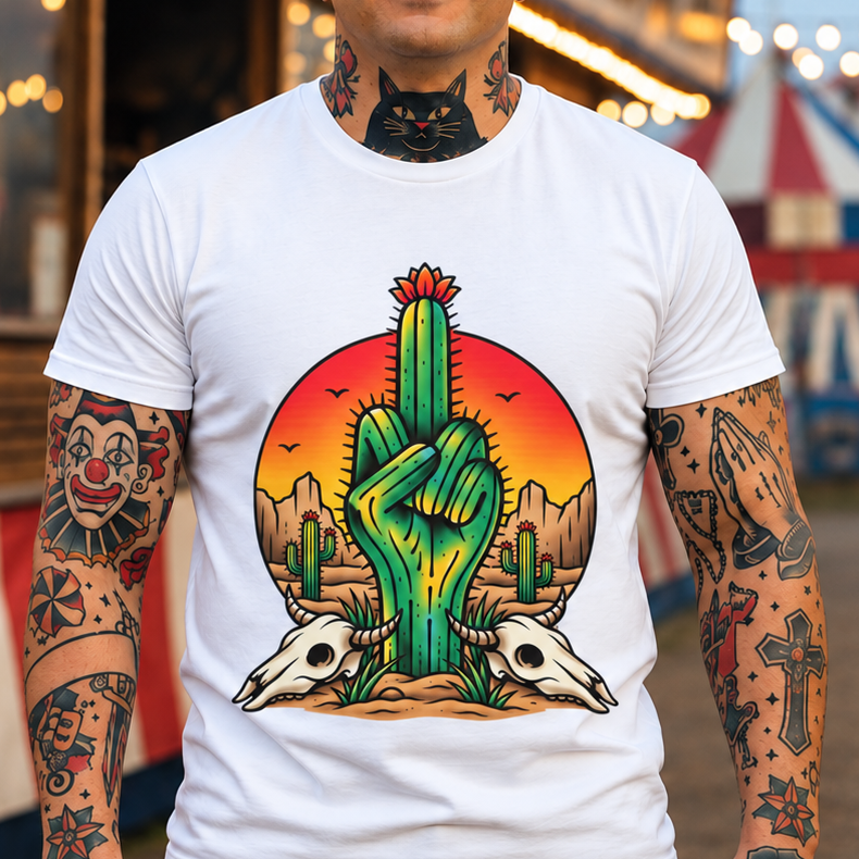 Cactus Middle Finger Tee — Desert Sunset Graphic T-Shirt