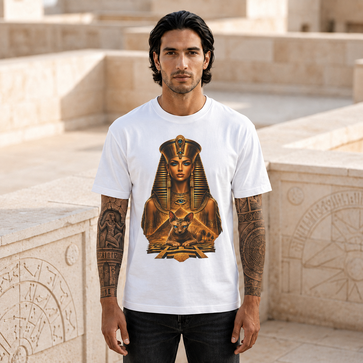 Pharaoh Goddess Tee — Golden Egyptian Sphinx Graphic T-Shirt