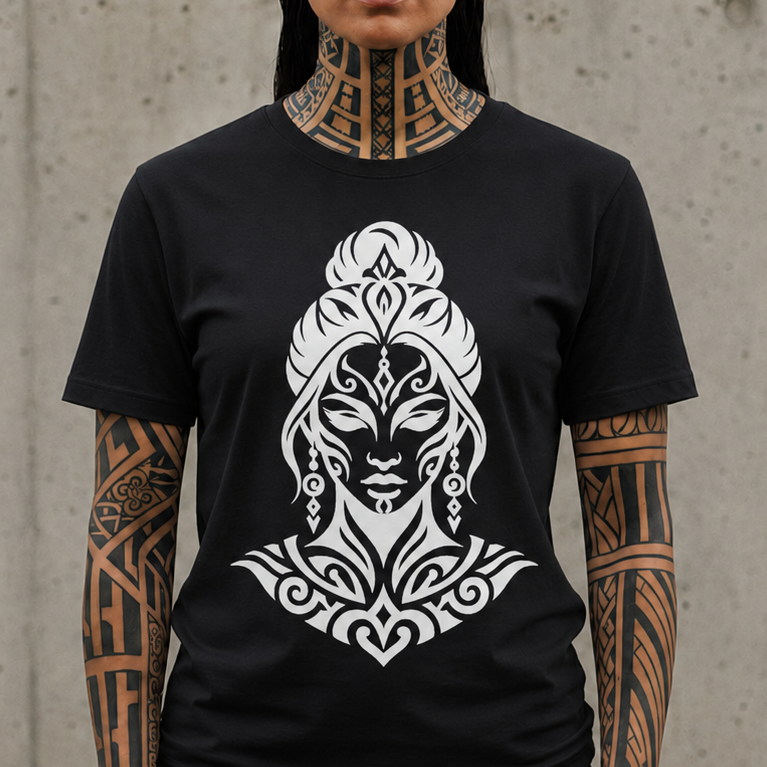 Tribal Goddess Tee — Black Ornamental Female Face Graphic T-Shirt