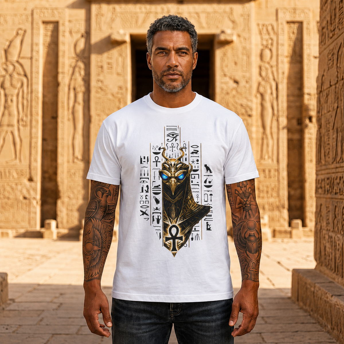 Egyptian Anubis Mask T‑Shirt — Golden Pharaonic Hieroglyph Tee with Ankh