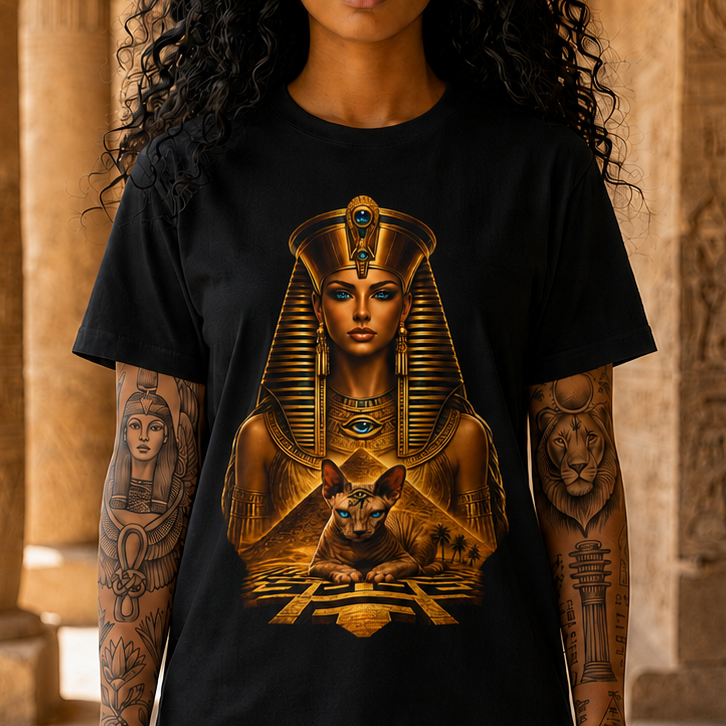 Pharaoh Goddess Graphic Tee — Egyptian Queen & Cat Vintage Illustration