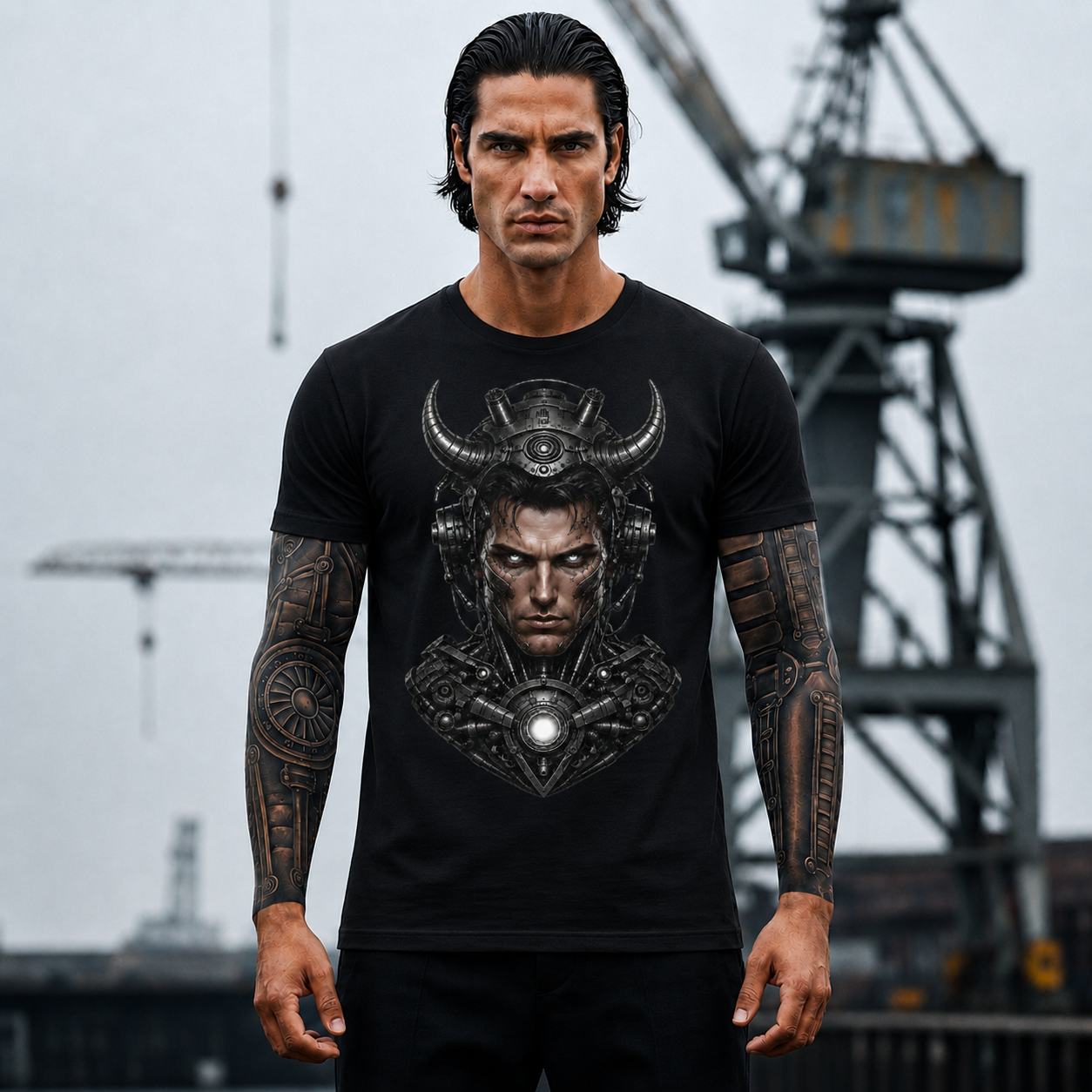 Cyber Samurai T‑Shirt — Futuristic Samurai Helmet Portrait Tee