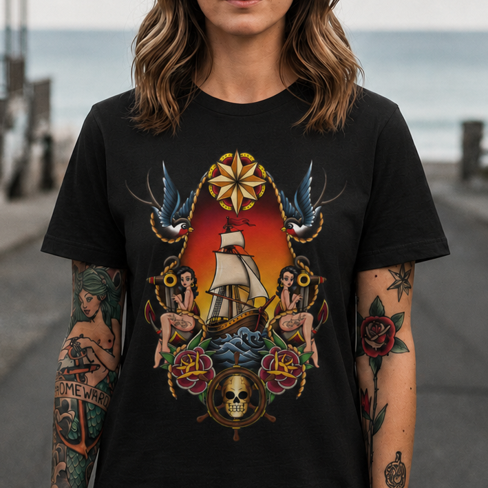 Nautical Ship Tattoo Tee — Vintage Sailboat, Swallows & Skull Graphic T-Shirt