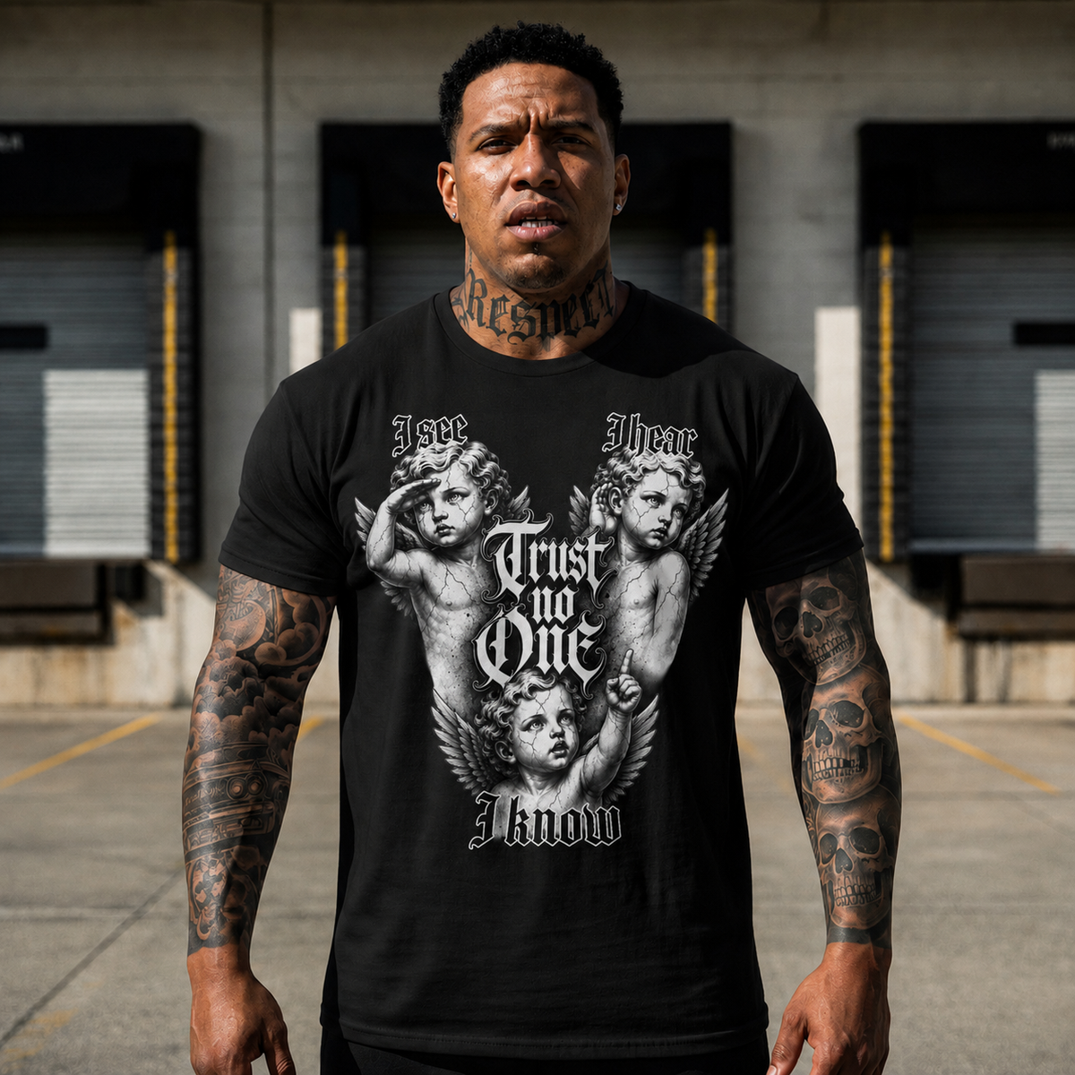 Cherub Gothic Tee — "I See I Hear I Know, Trust No One" Graphic T-Shirt