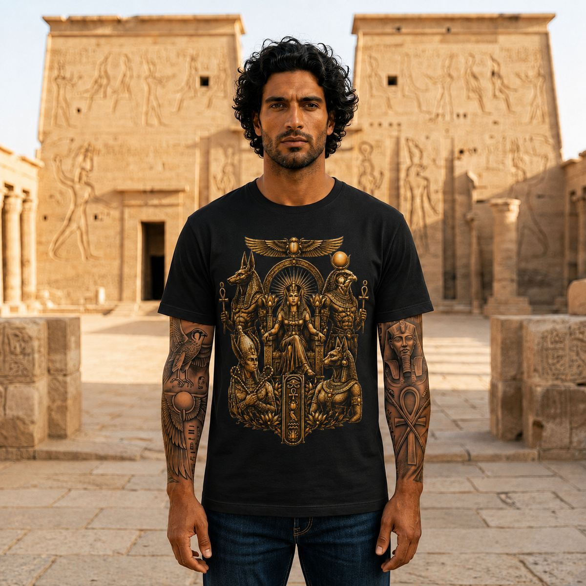 Egyptian Deity Throne Tee – Gold Anubis & Isis Mythology T-Shirt