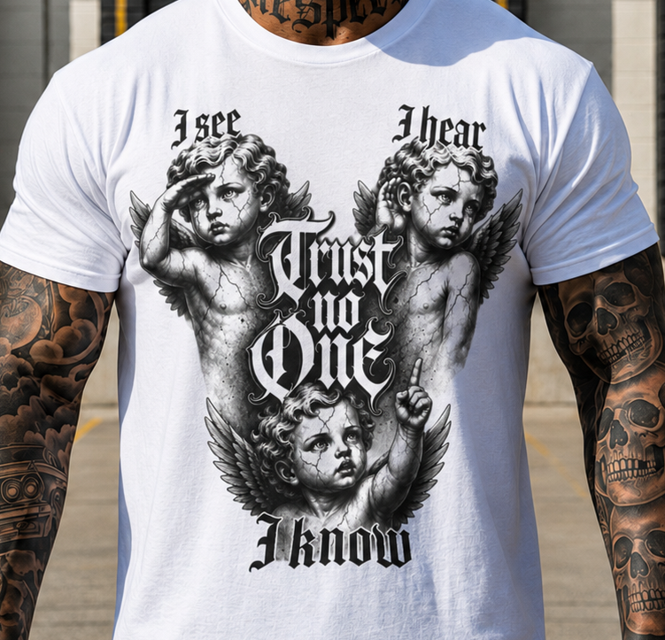 Cherub Gothic Tee — "I See I Hear I Know, Trust No One" Graphic T-Shirt