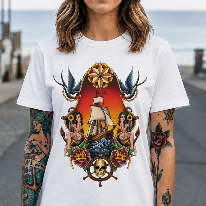 Nautical Ship Tattoo Tee — Vintage Sailboat, Swallows & Skull Graphic T-Shirt