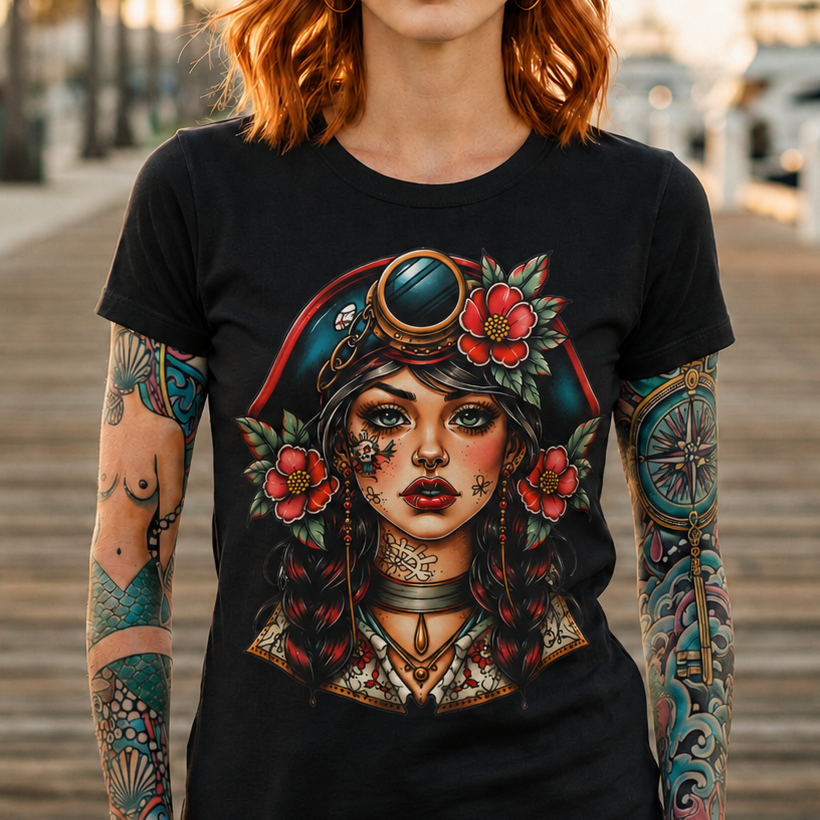 Pirate Rose Portrait Tee – Vintage Sailor Girl Graphic T-Shirt