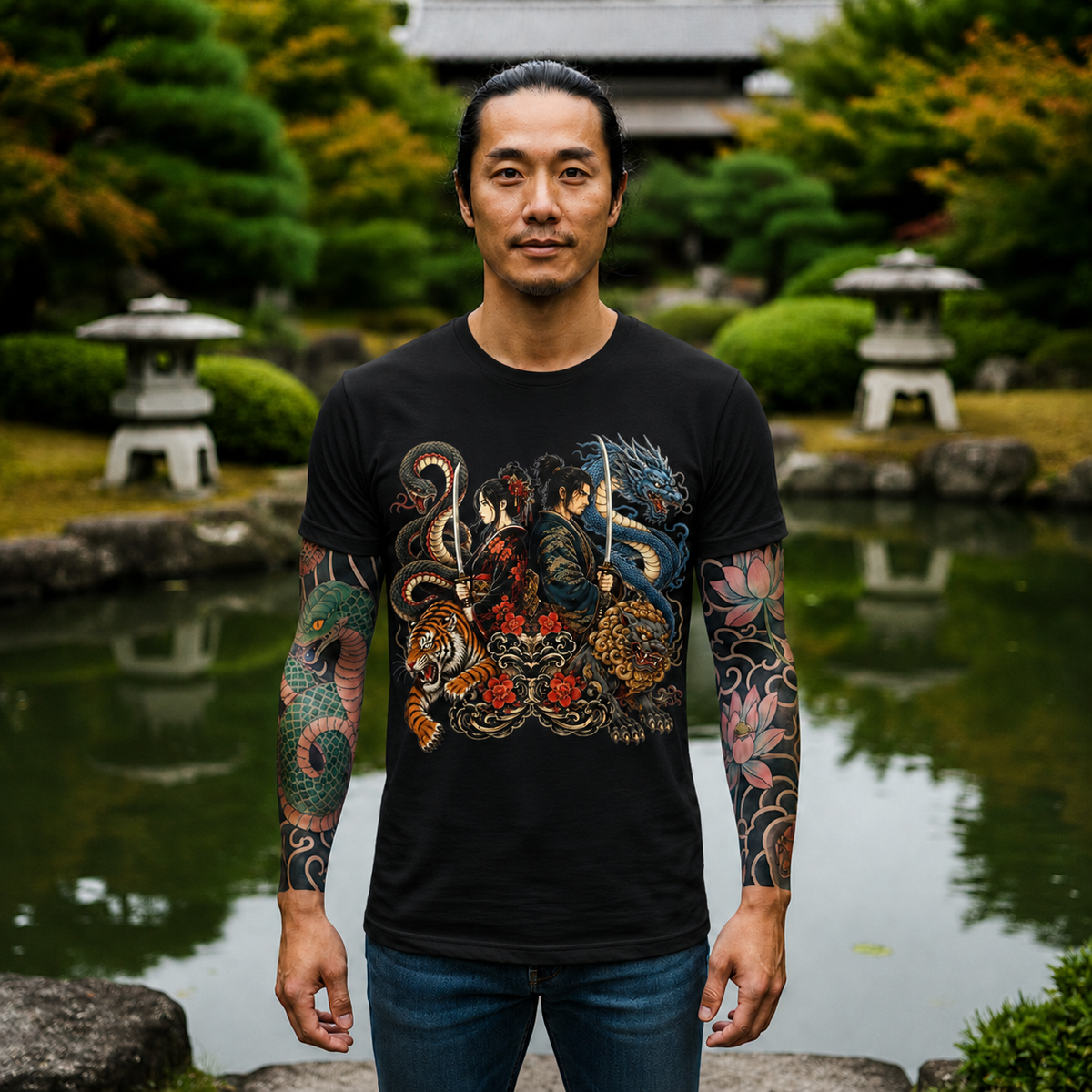 Samurai & Mythical Beast Tee — Dragon, Tiger & Snake Japanese-Inspired Graphic T-Shirt