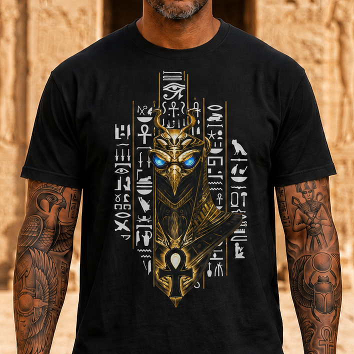 Egyptian Anubis Mask T‑Shirt — Golden Pharaonic Hieroglyph Tee with Ankh