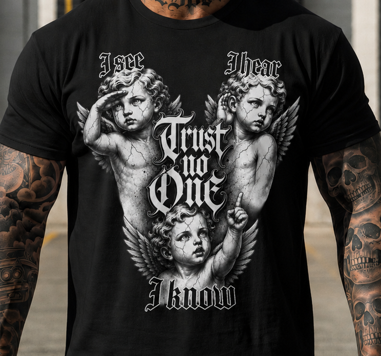 Cherub Gothic Tee — "I See I Hear I Know, Trust No One" Graphic T-Shirt
