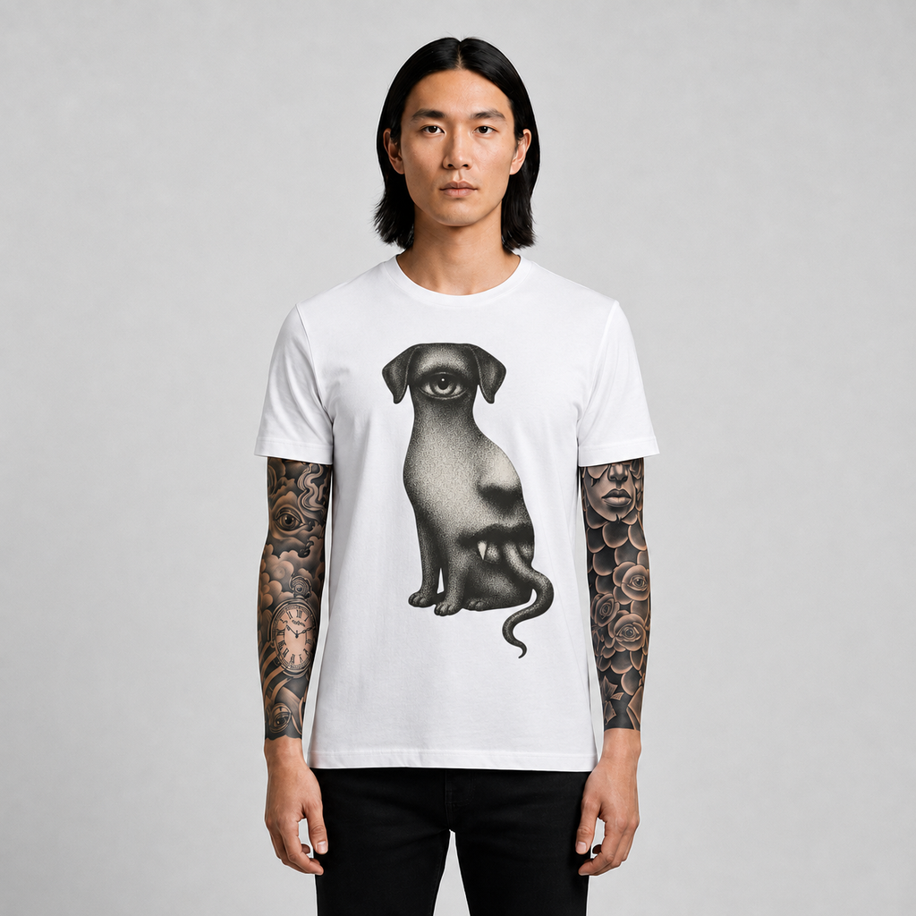 Surreal One‑Eyed Dog Graphic Tee — Monochrome Psychedelic Art T‑Shirt