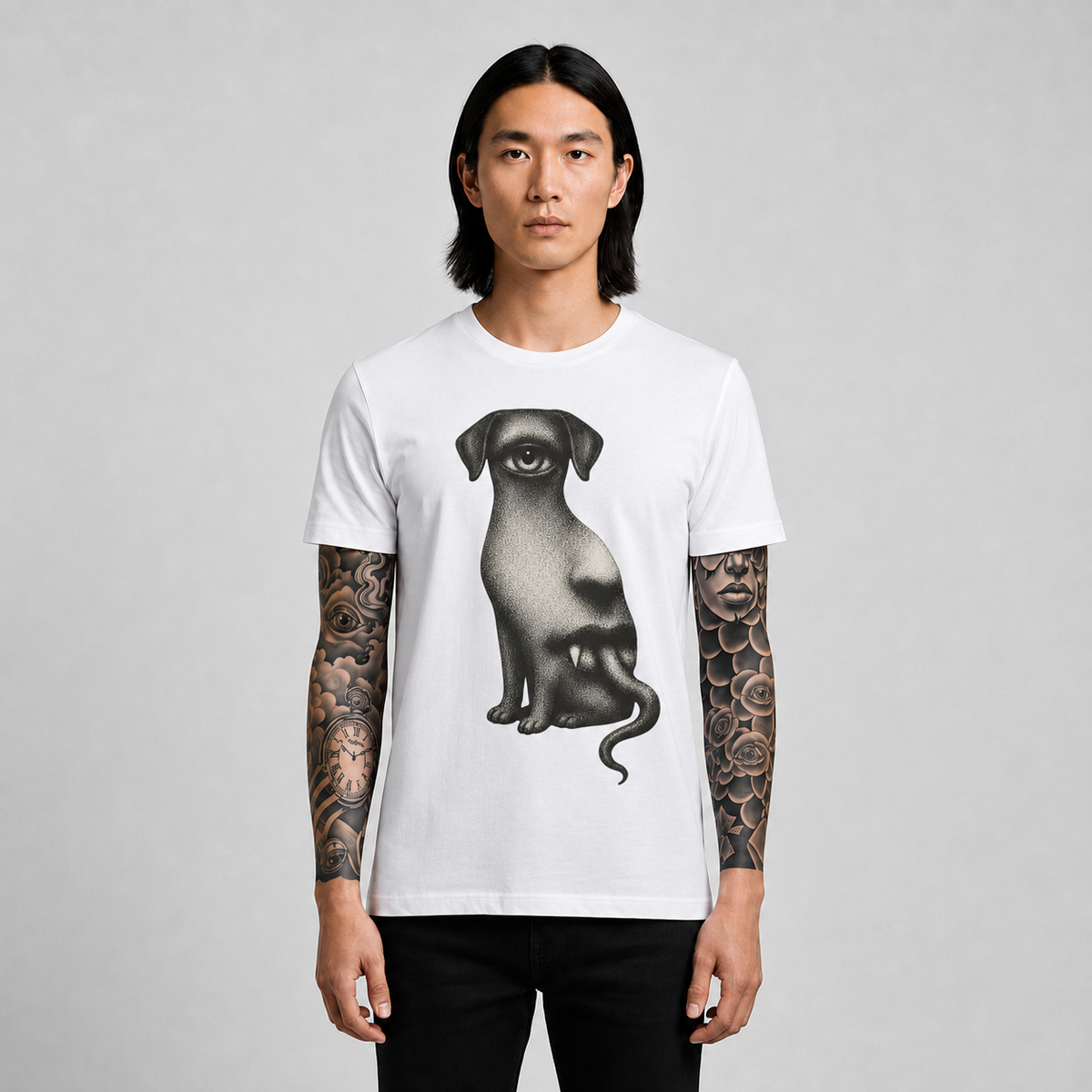 Surreal One‑Eyed Dog Graphic Tee — Monochrome Psychedelic Art T‑Shirt