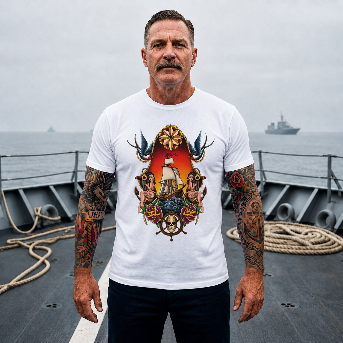 Sailor Tattoo Graphic Tee — Vintage Ship, Swallows & Roses