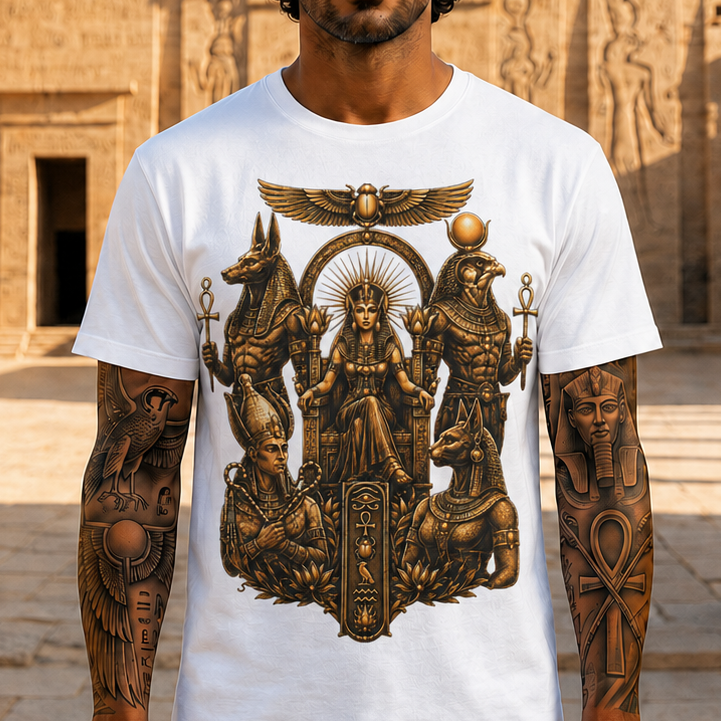 Egyptian Deity Throne Tee – Gold Anubis & Isis Mythology T-Shirt