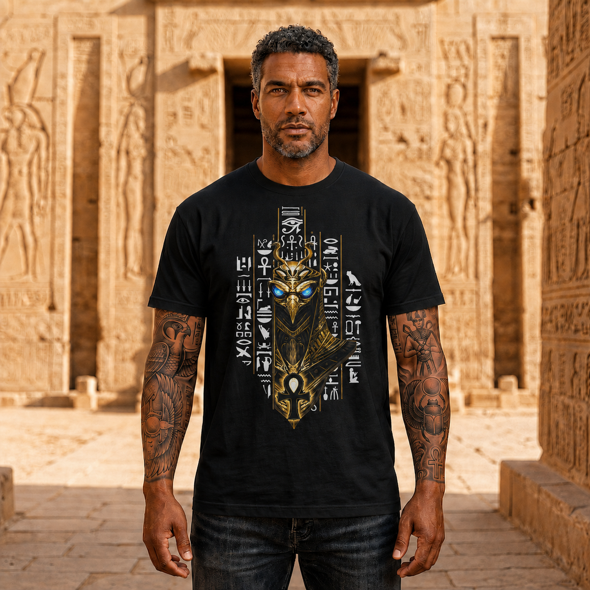 Egyptian Anubis Mask T‑Shirt — Golden Pharaonic Hieroglyph Tee with Ankh