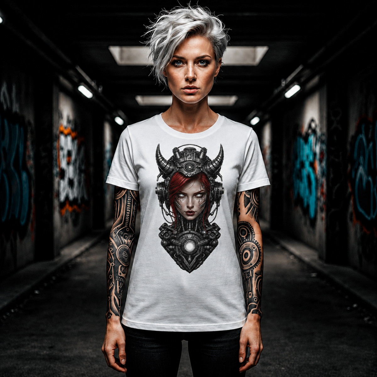 Valkyrie Cyberpunk Tee — Horned Helmet Sci‑Fi Warrior Graphic T‑Shirt