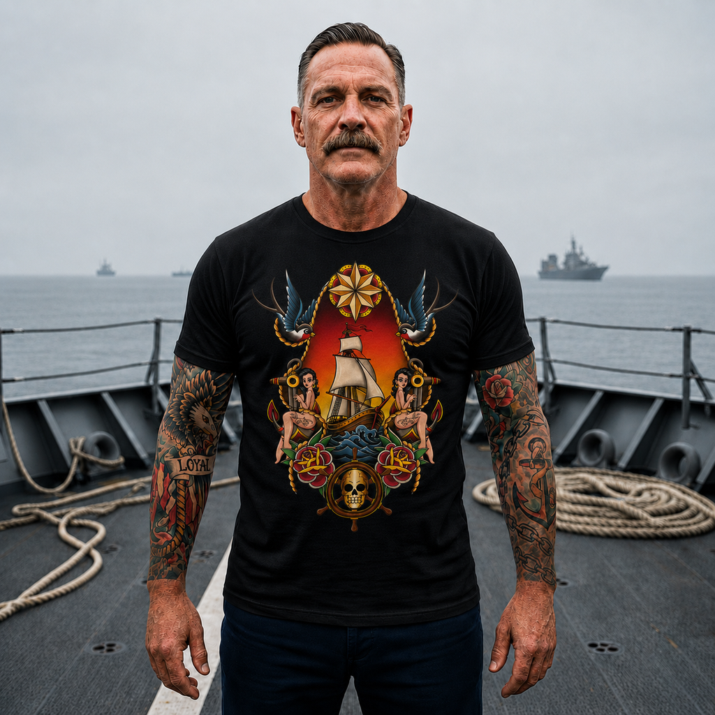 Sailor Tattoo Graphic Tee — Vintage Ship, Swallows & Roses