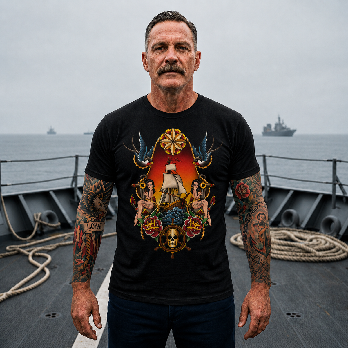 Sailor Tattoo Graphic Tee — Vintage Ship, Swallows & Roses