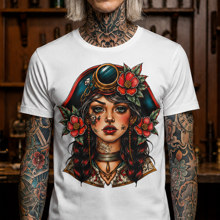 Vintage Pirate Rose Tee — Floral Pirate Woman Graphic T-Shirt