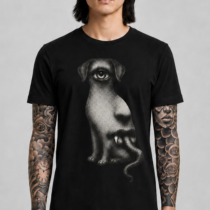 Surreal One‑Eyed Dog Graphic Tee — Monochrome Psychedelic Art T‑Shirt