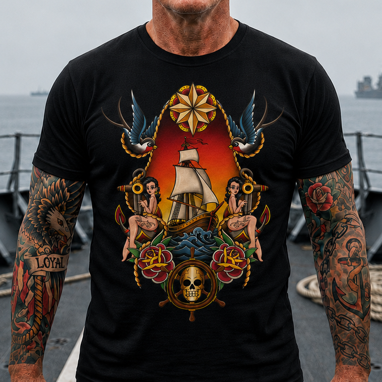 Sailor Tattoo Graphic Tee — Vintage Ship, Swallows & Roses